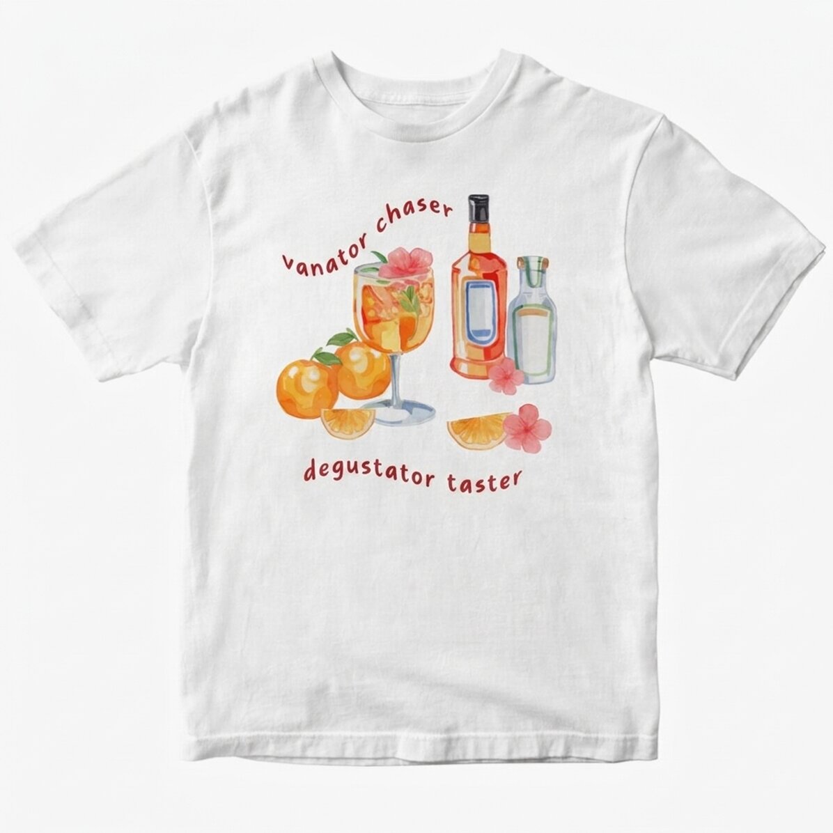 Camiseta de algodón personalizada con texto: «Sunset & cocktails»