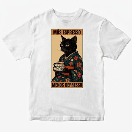 Camiseta de algodón personalizada con el texto: «More espresso, less depresso»