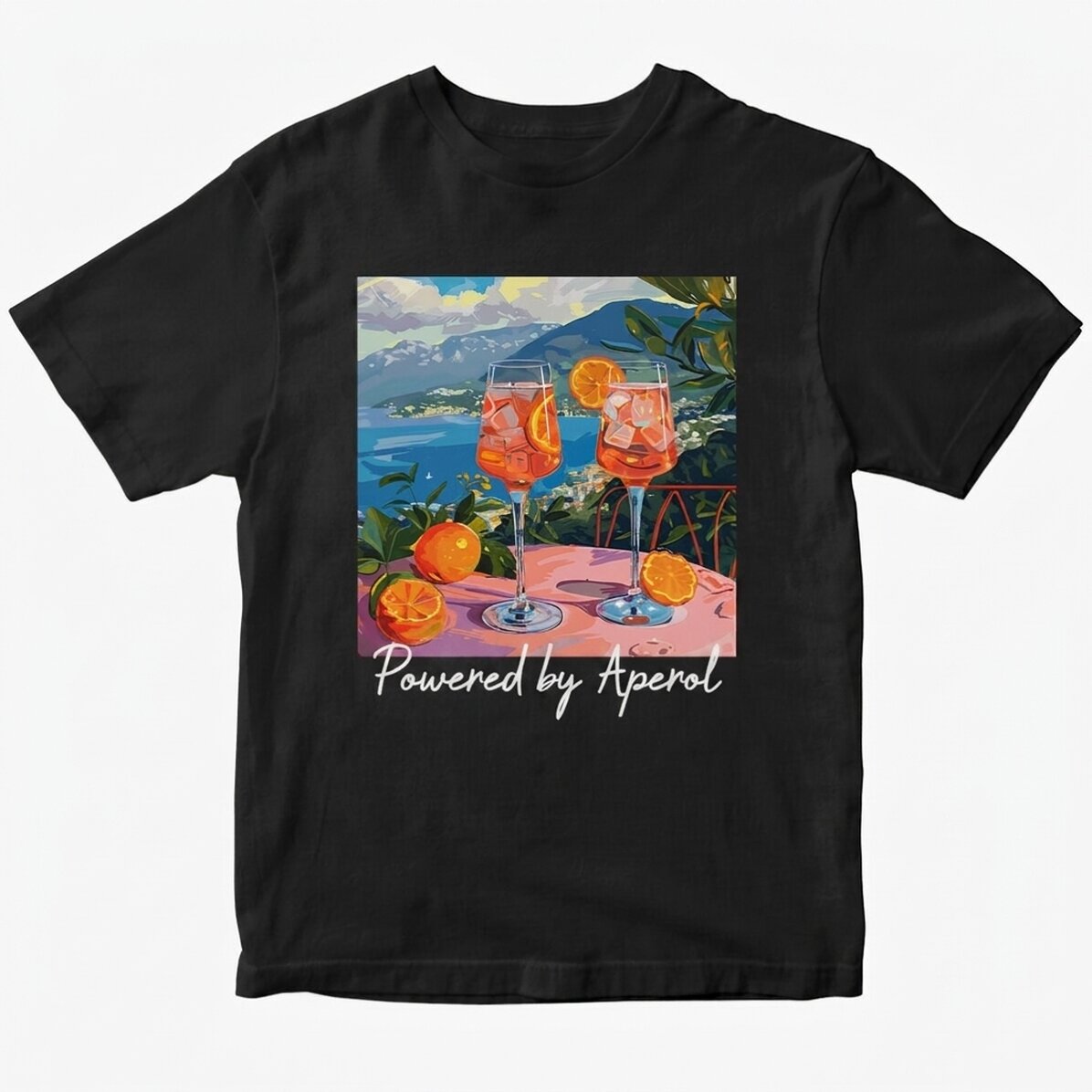 Camiseta de algodón personalizada con texto: «Fueled by Aperol»