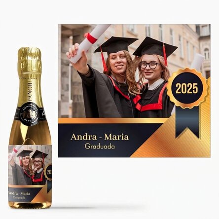 Mini botella de vino espumoso personalizada con un mensaje y una foto - Graduación