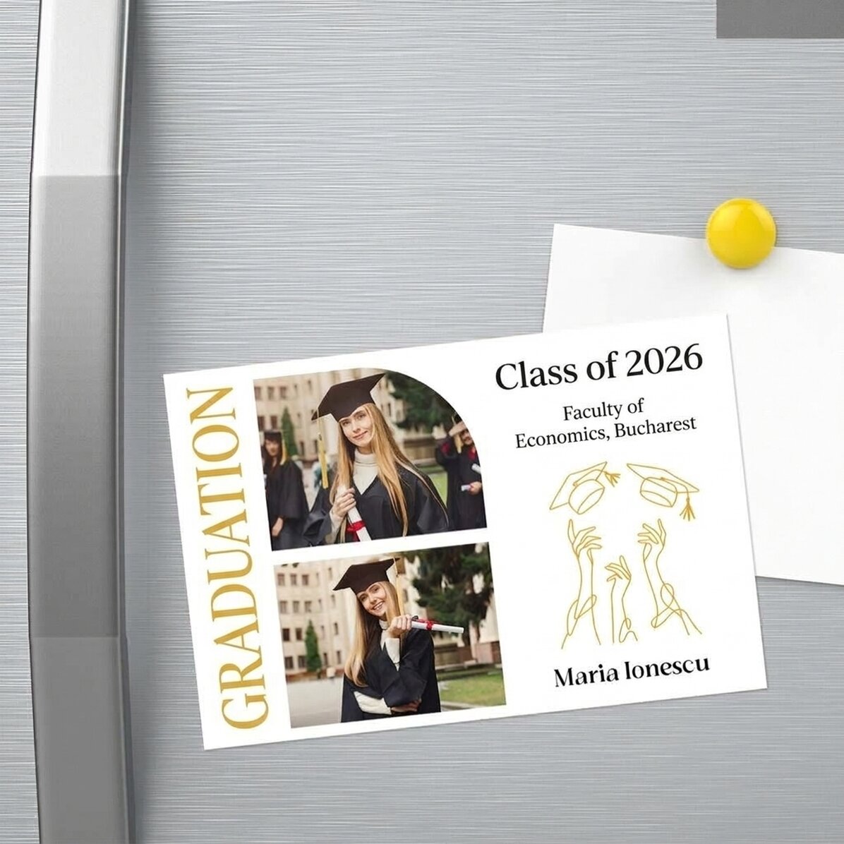 Imán personalizado de 15 x 10 cm con 2 fotos y texto - Graduación