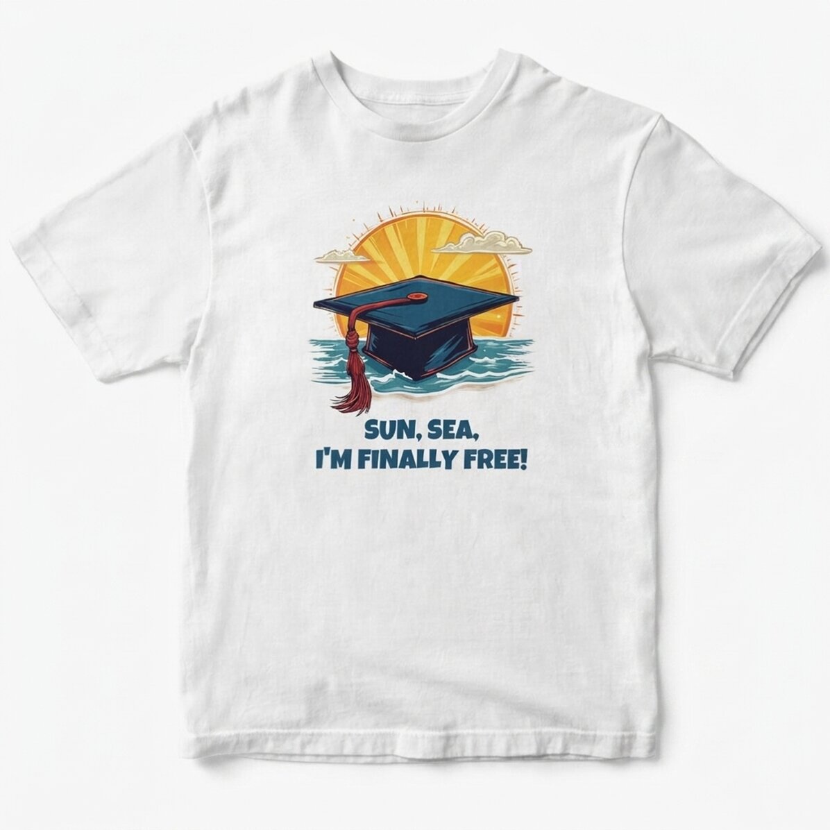 Camiseta de algodón personalizada con el texto: «Sun, sea, finally free»