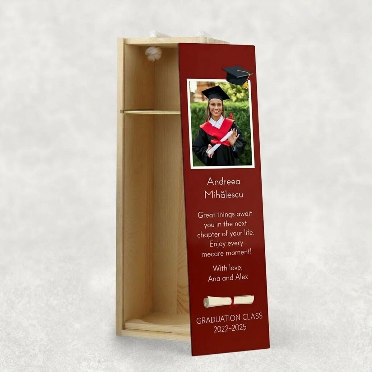Caja de vino para una botella personalizada con una foto y un mensaje - Graduación