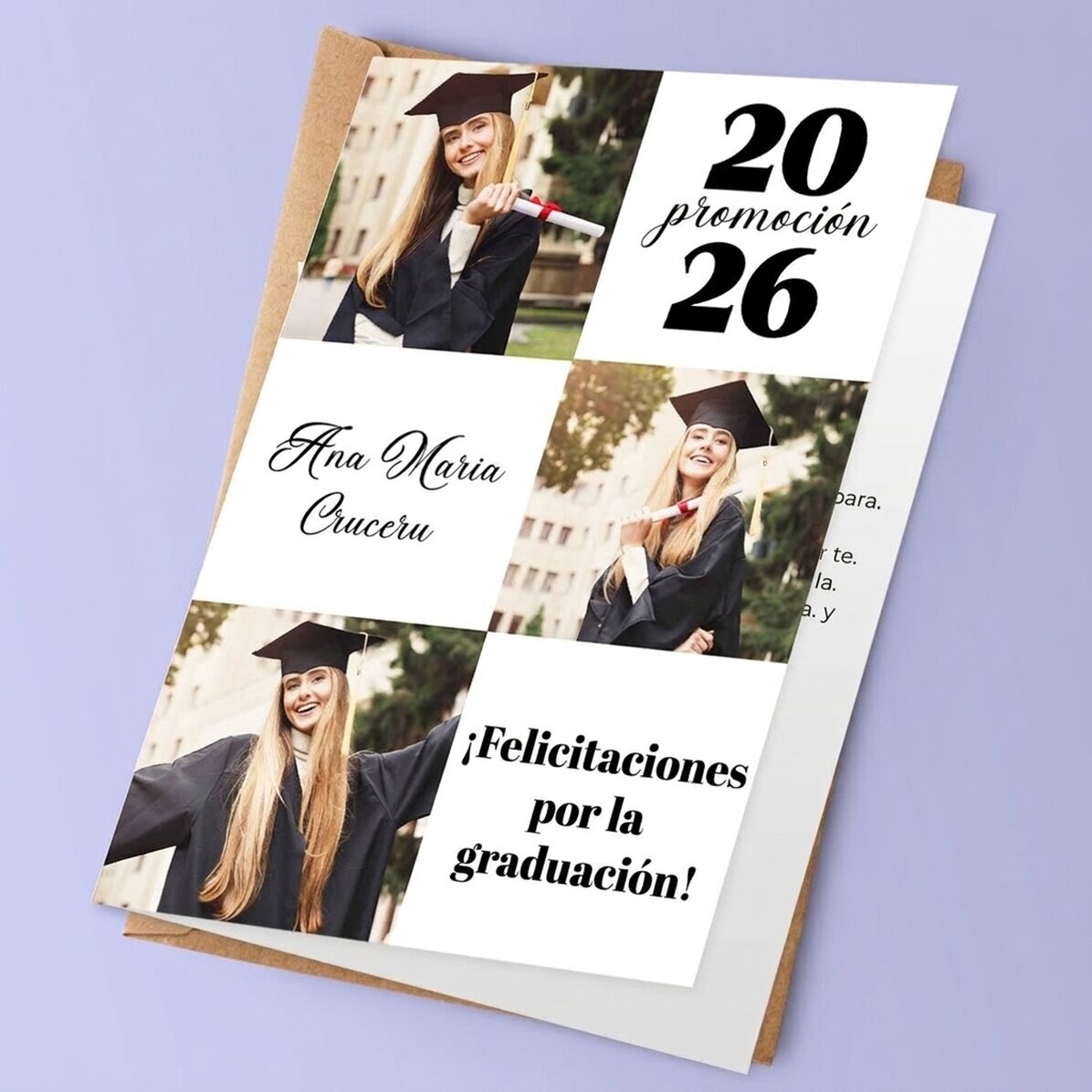 Tarjeta de felicitación personalizada con 3 fotos y texto - Graduación