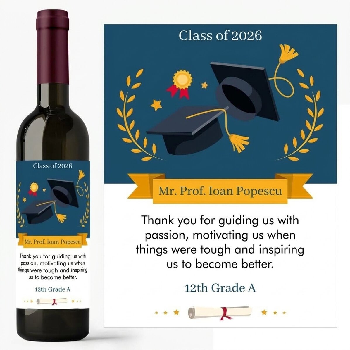 Vino personalizado con un mensaje para el profesor: ¡Gracias!