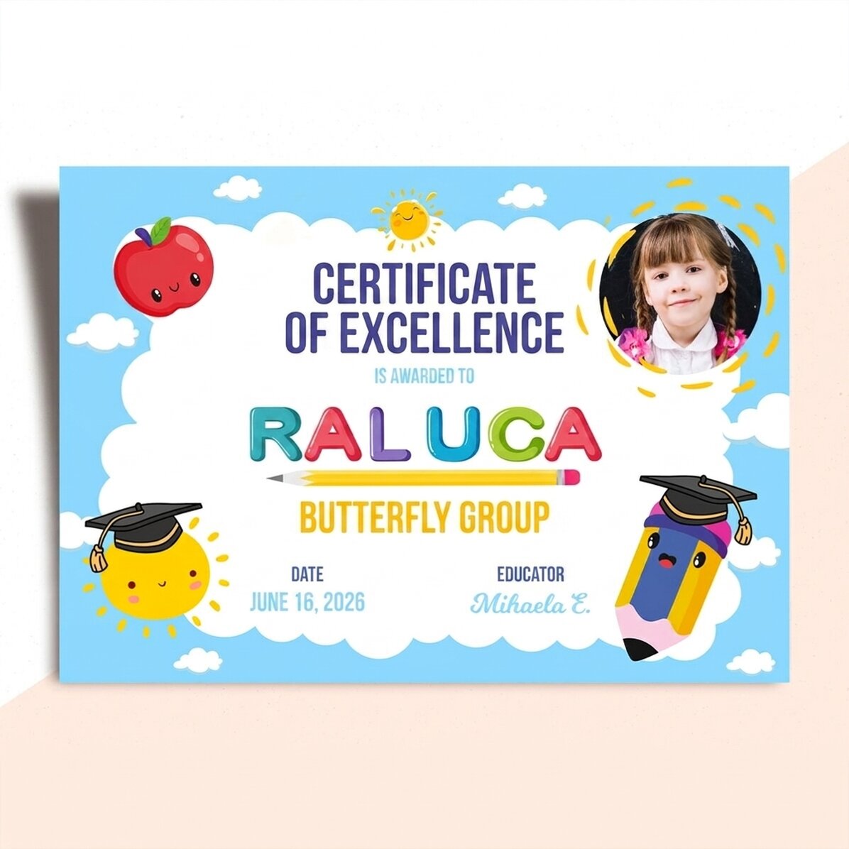 Diploma personalizado con texto y foto - Diploma de excelencia para niños