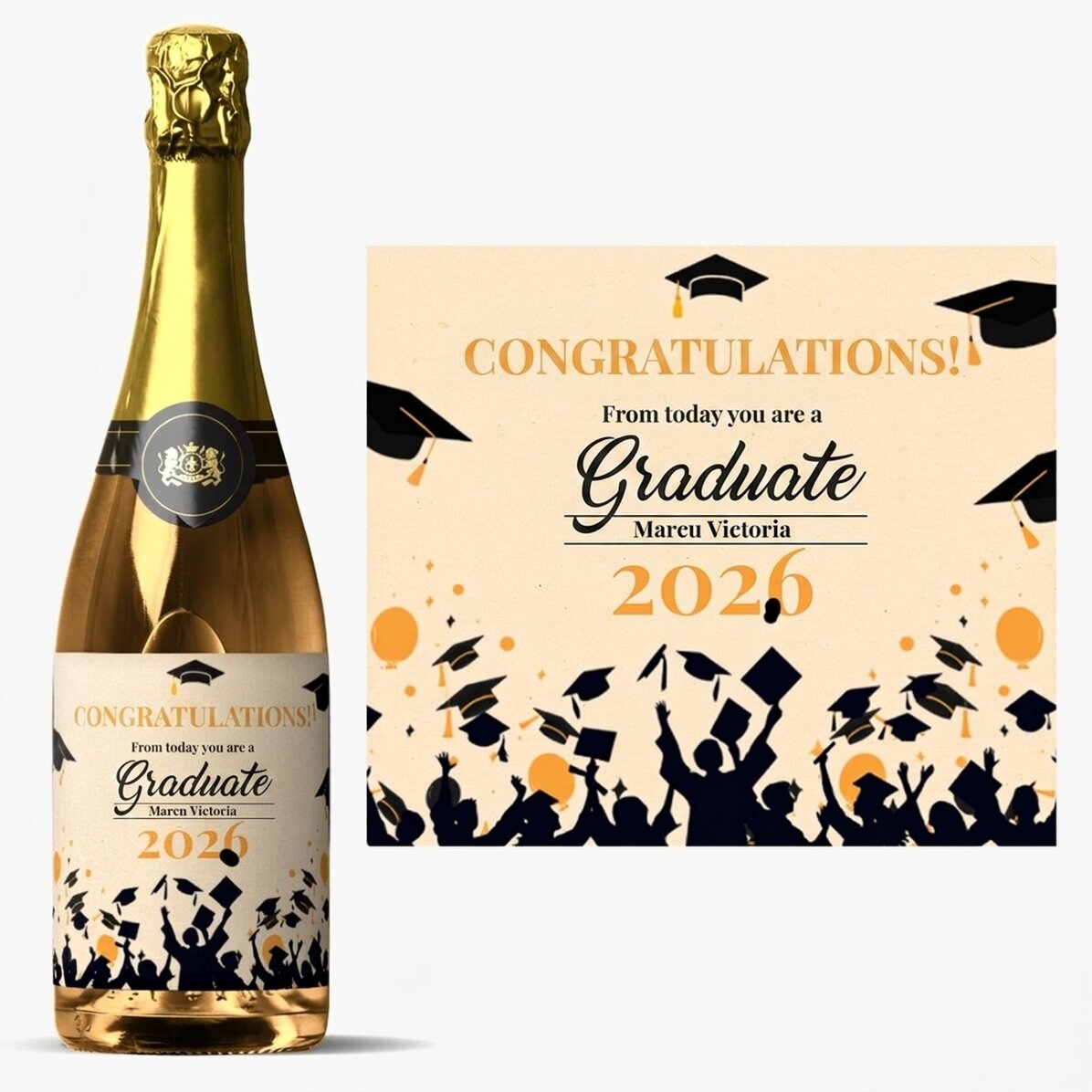 Vino espumoso personalizado con mensaje: «La alegría de la graduación»