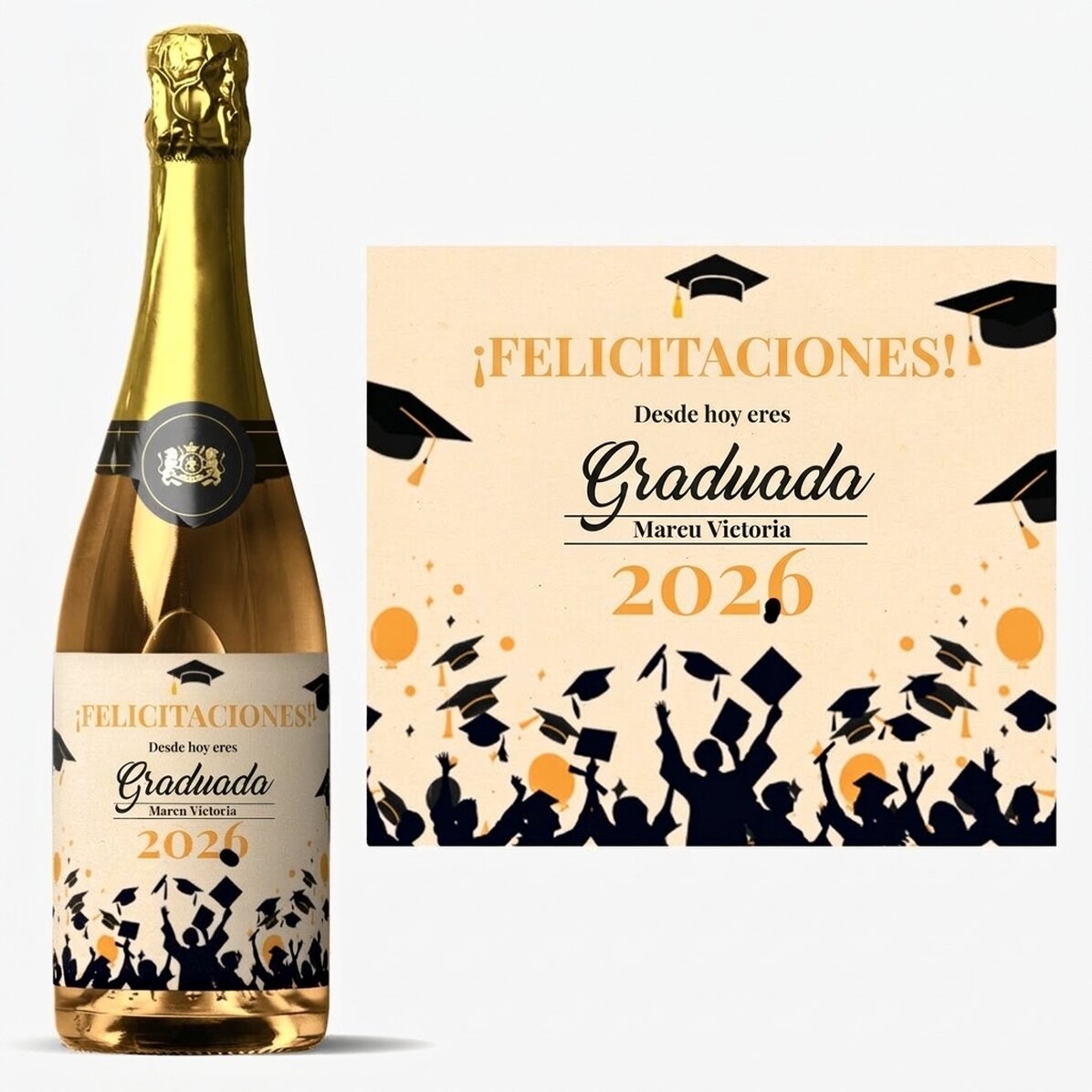 Vino espumoso personalizado con mensaje: «La alegría de la graduación»