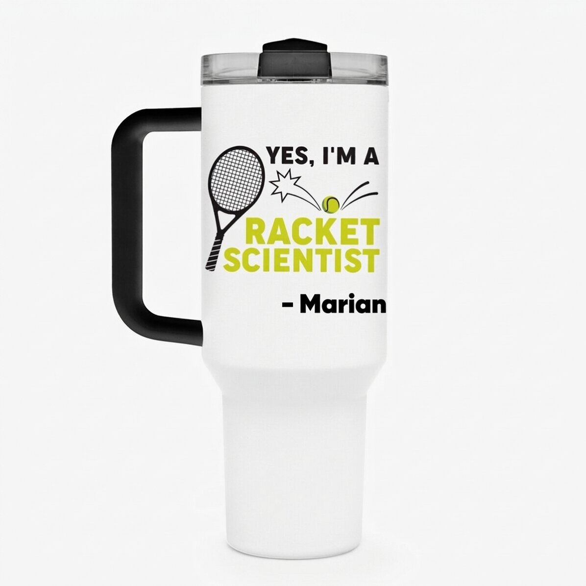 Taza termo con asa y pajita personalizada con texto - Racket scientist