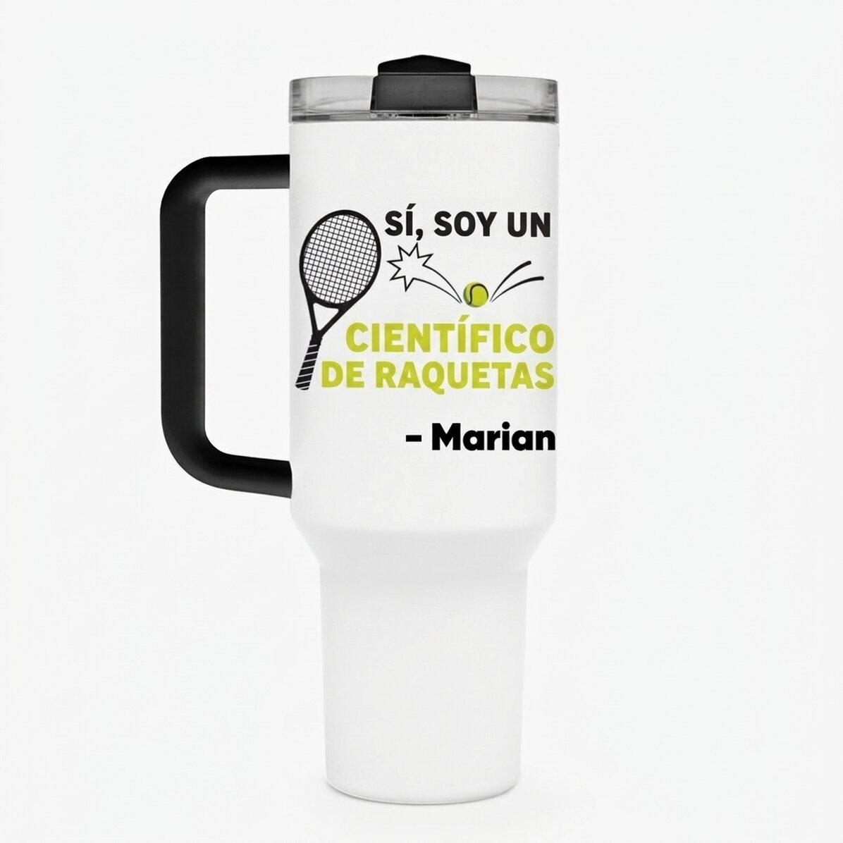 Taza termo con asa y pajita personalizada con texto - Racket scientist