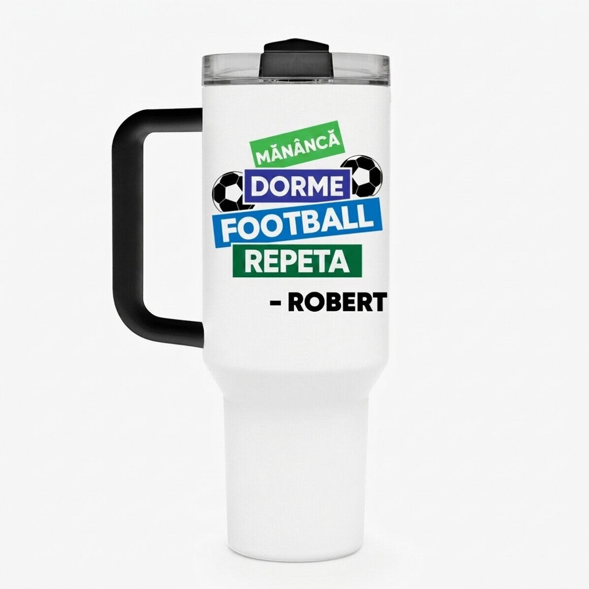 Taza termo con asa y pajita personalizada con nombre - Fútbol