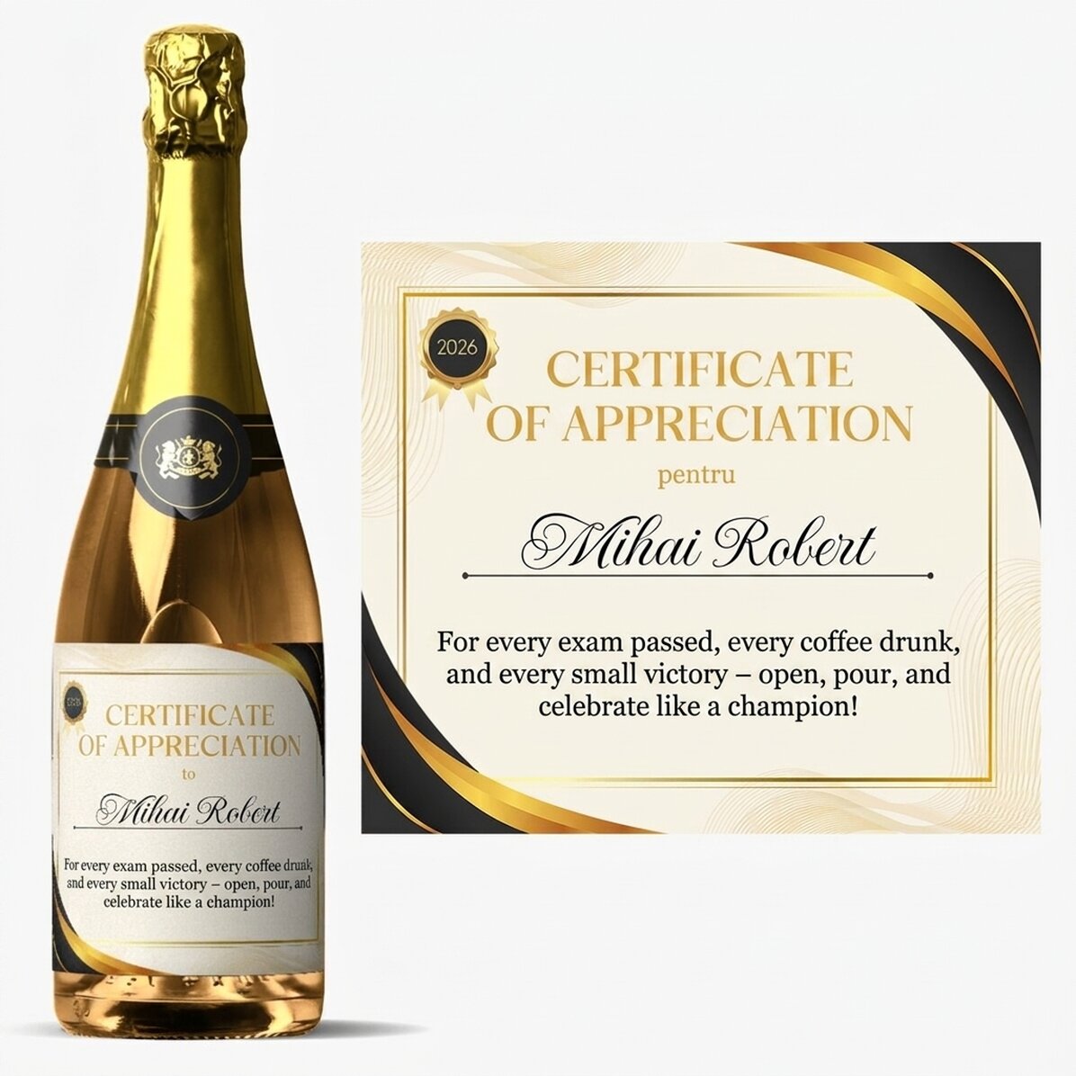 Vino espumoso personalizado con texto - Certificado de agradecimiento