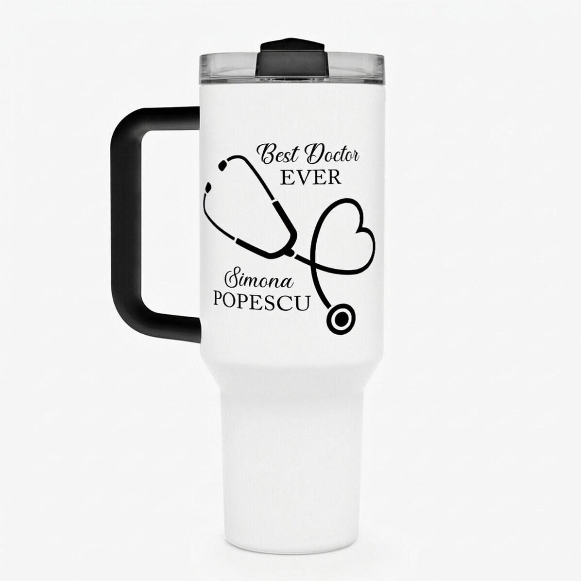 Taza termo con asa y pajita, personalizada con un mensaje - Best Doctor