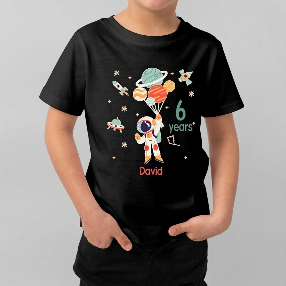 Camiseta de algodón para niños personalizada con texto - Astronauta