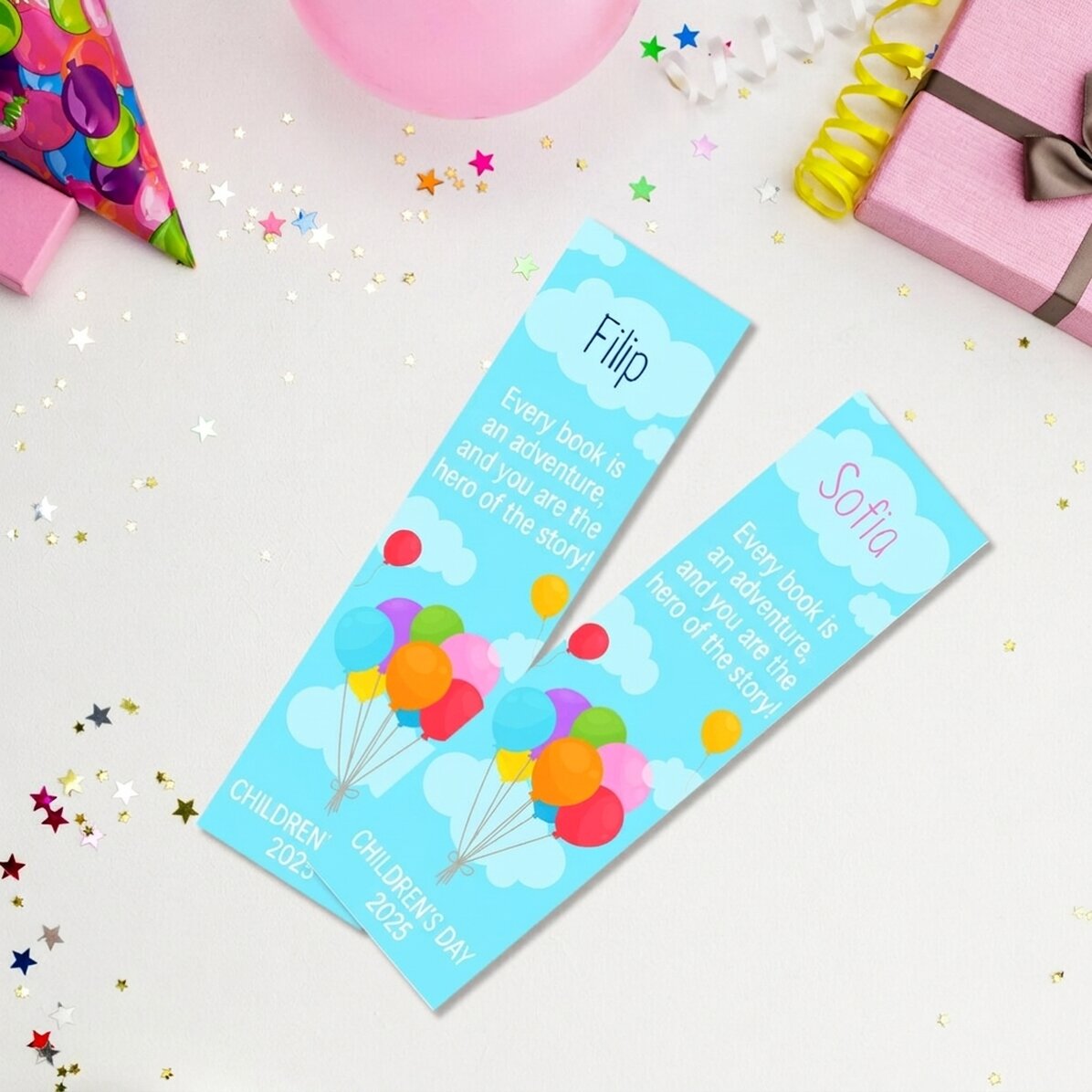 Marcapáginas personalizado con mensaje y nombre para niños - Globos