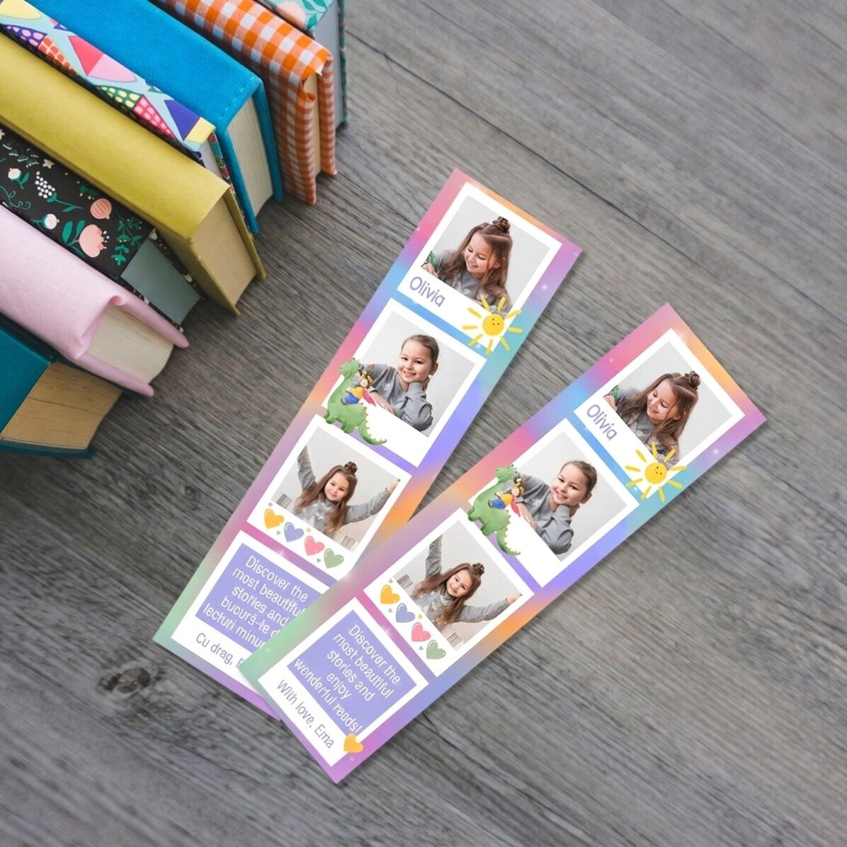 Marcapáginas personalizado con mensaje y 3 fotos - Arcoíris