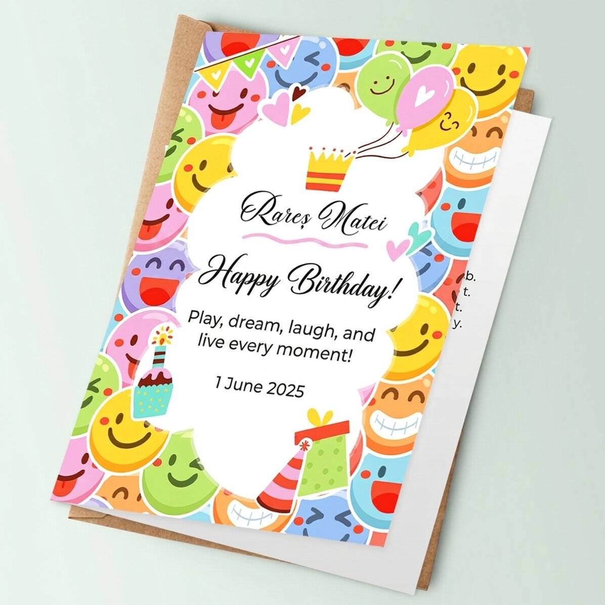 Tarjeta de felicitación personalizada con texto y emojis