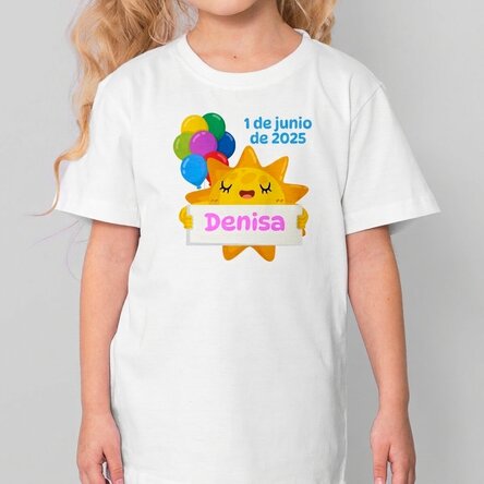 Camiseta de algodón para niños personalizada con mensaje: «Sol y globos de colores»