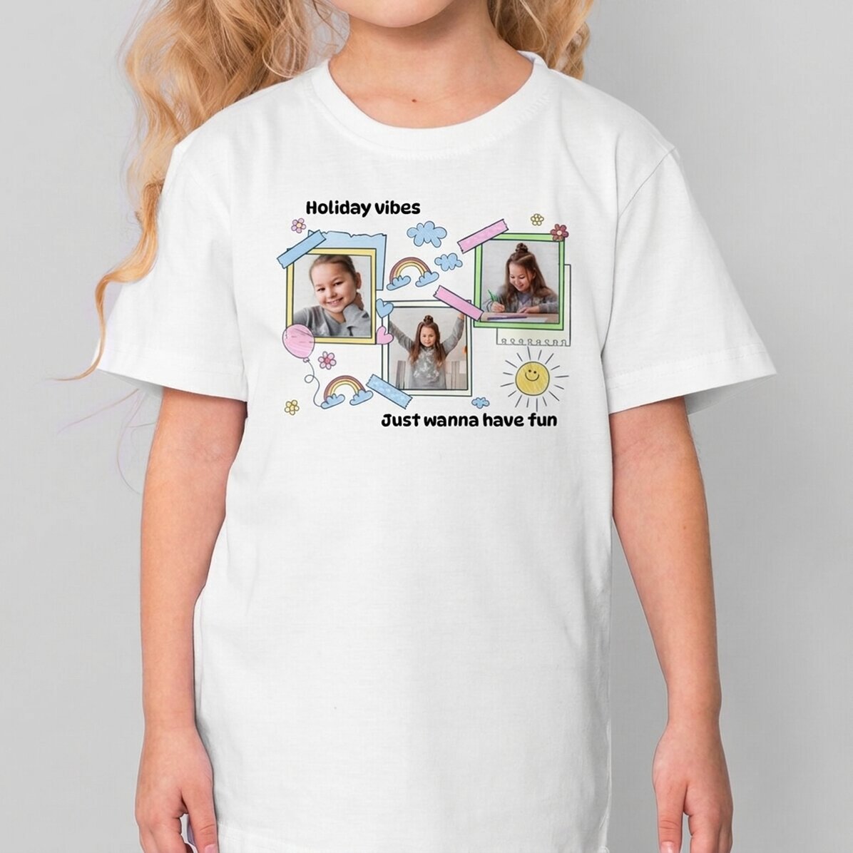 Camiseta de algodón para niños personalizada con un mensaje y 3 fotos - Cute