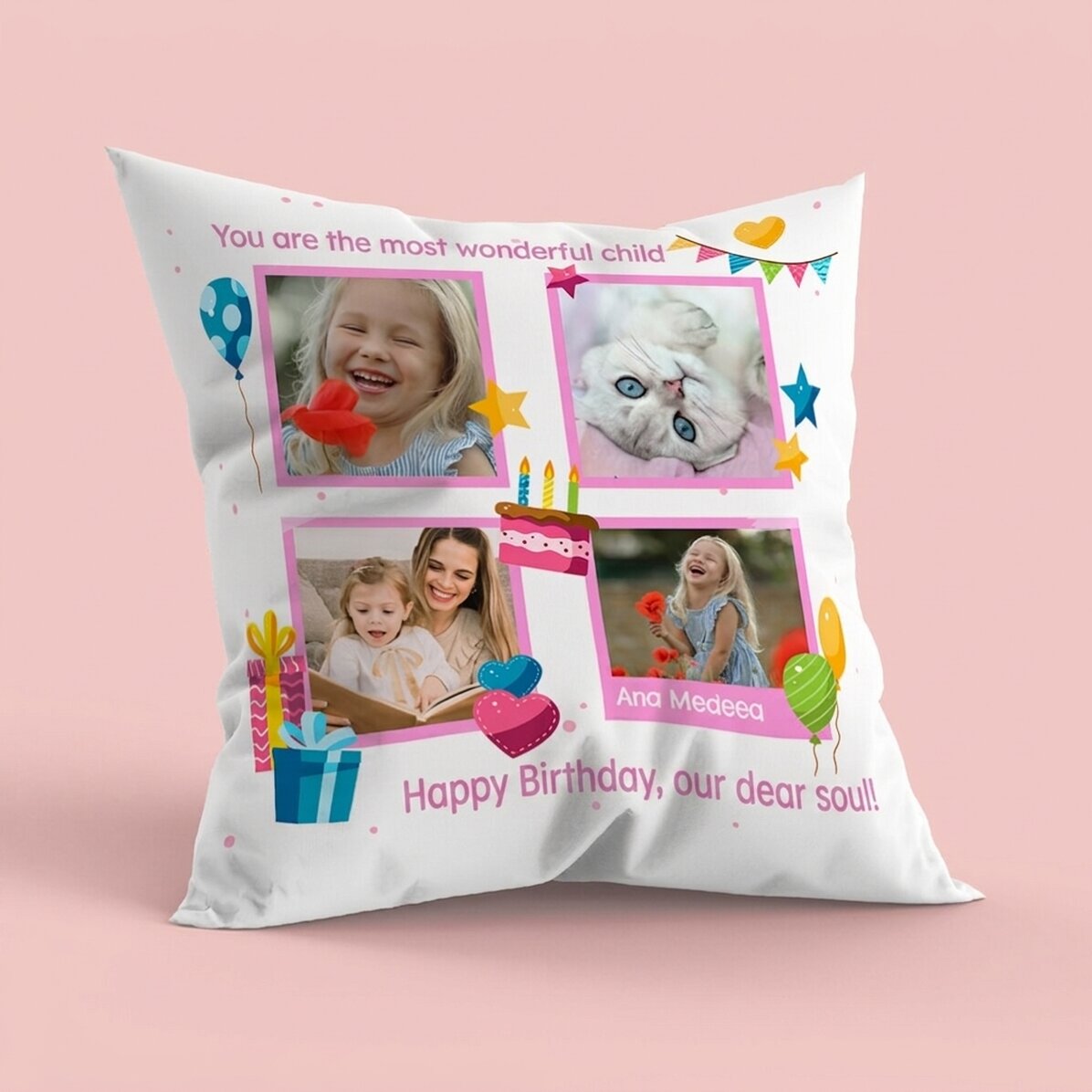 Cojín personalizado con 4 fotos y un mensaje: «Feliz cumpleaños, niños»
