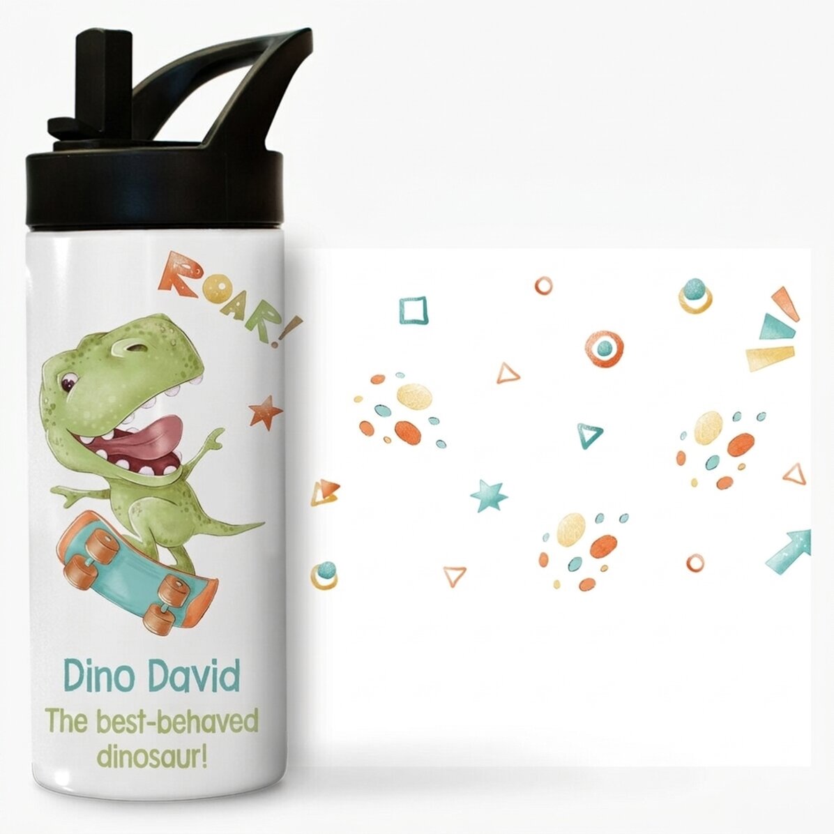 Término con asa y pajita personalizado con mensaje para niños - Dino