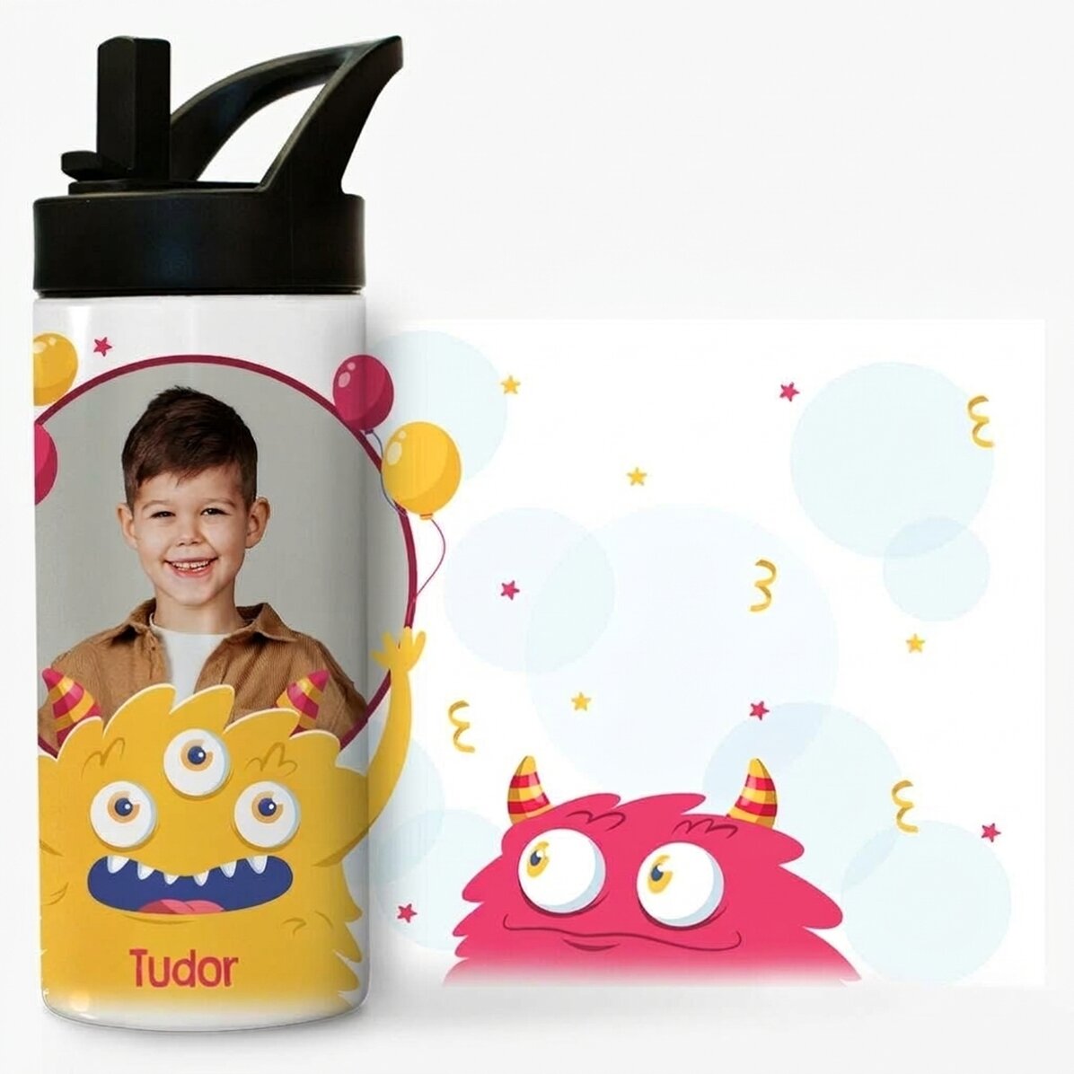 Término con asa y pajita personalizado con una foto y un nombre - Día del Niño