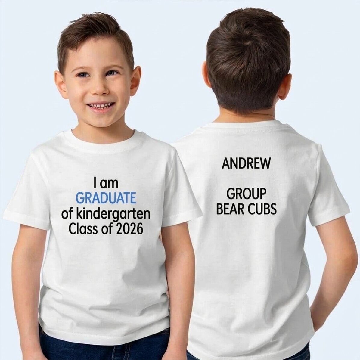 Camiseta de algodón para niños personalizada con texto por delante y por detrás