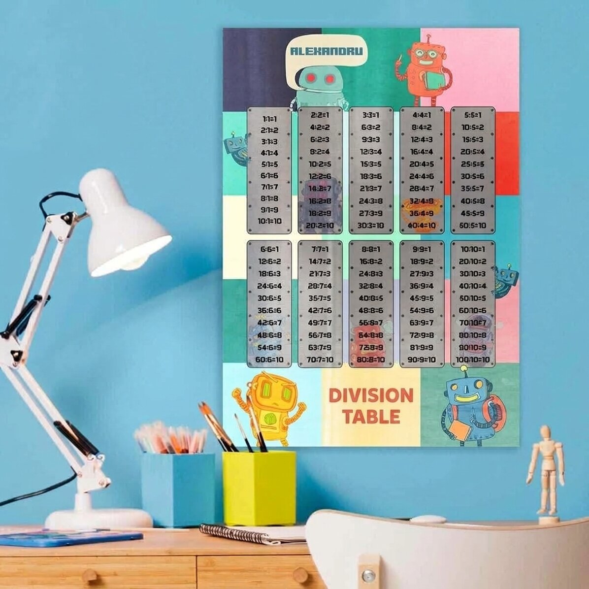 Póster personalizado con nombre y tabla de divisiones - Robots