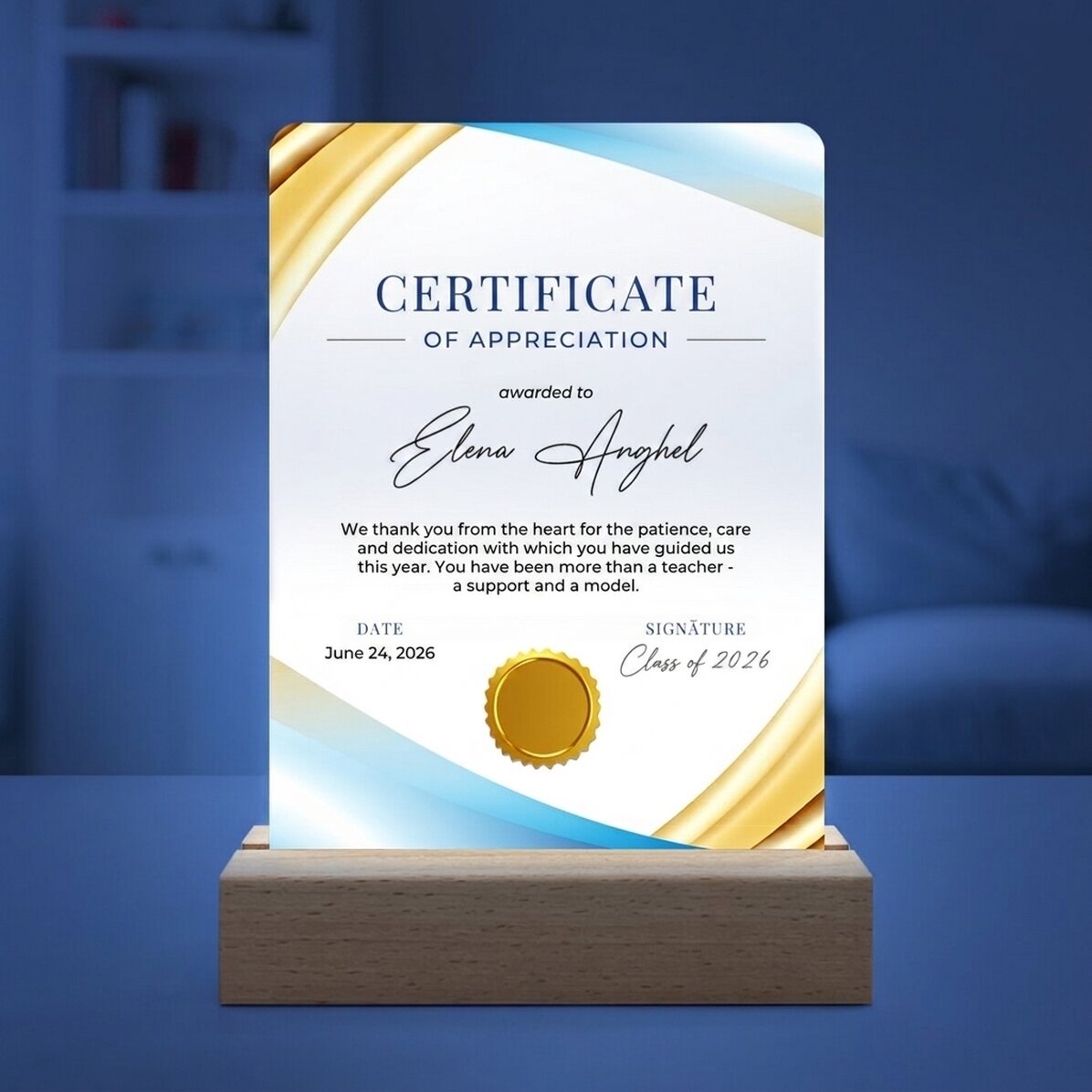 Lámpara LED de noche personalizada con mensaje - Certificado de agradecimiento