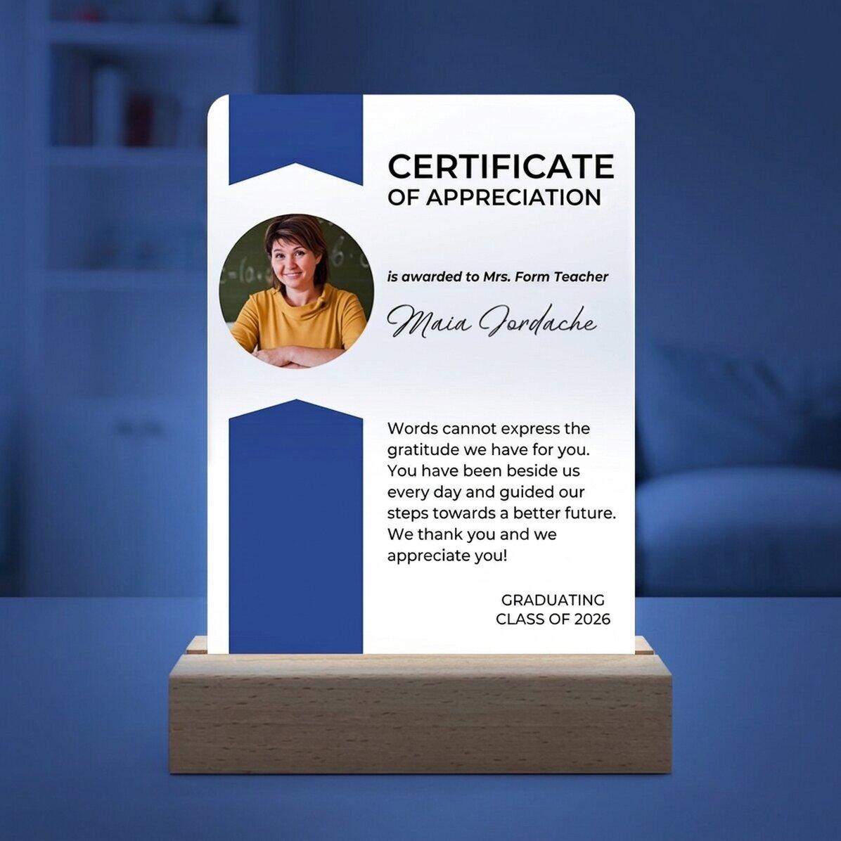 Lámpara LED de noche personalizada con una foto y un mensaje - Certificado de agradecimiento