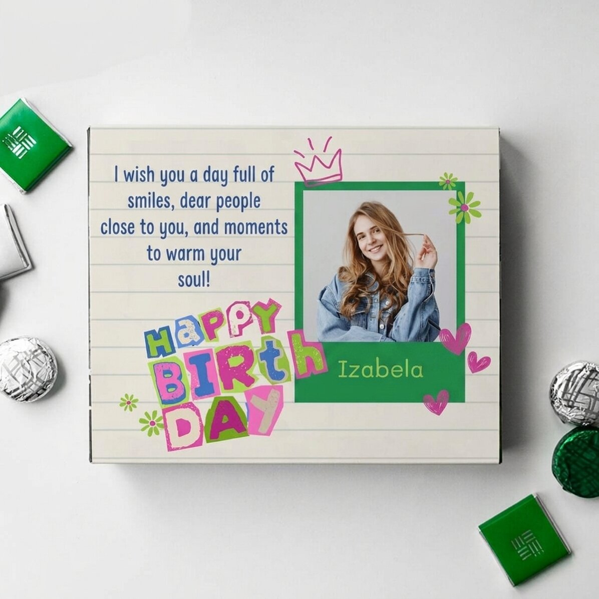 Caja de bombones personalizada con una foto y un mensaje: ¡Feliz cumpleaños!