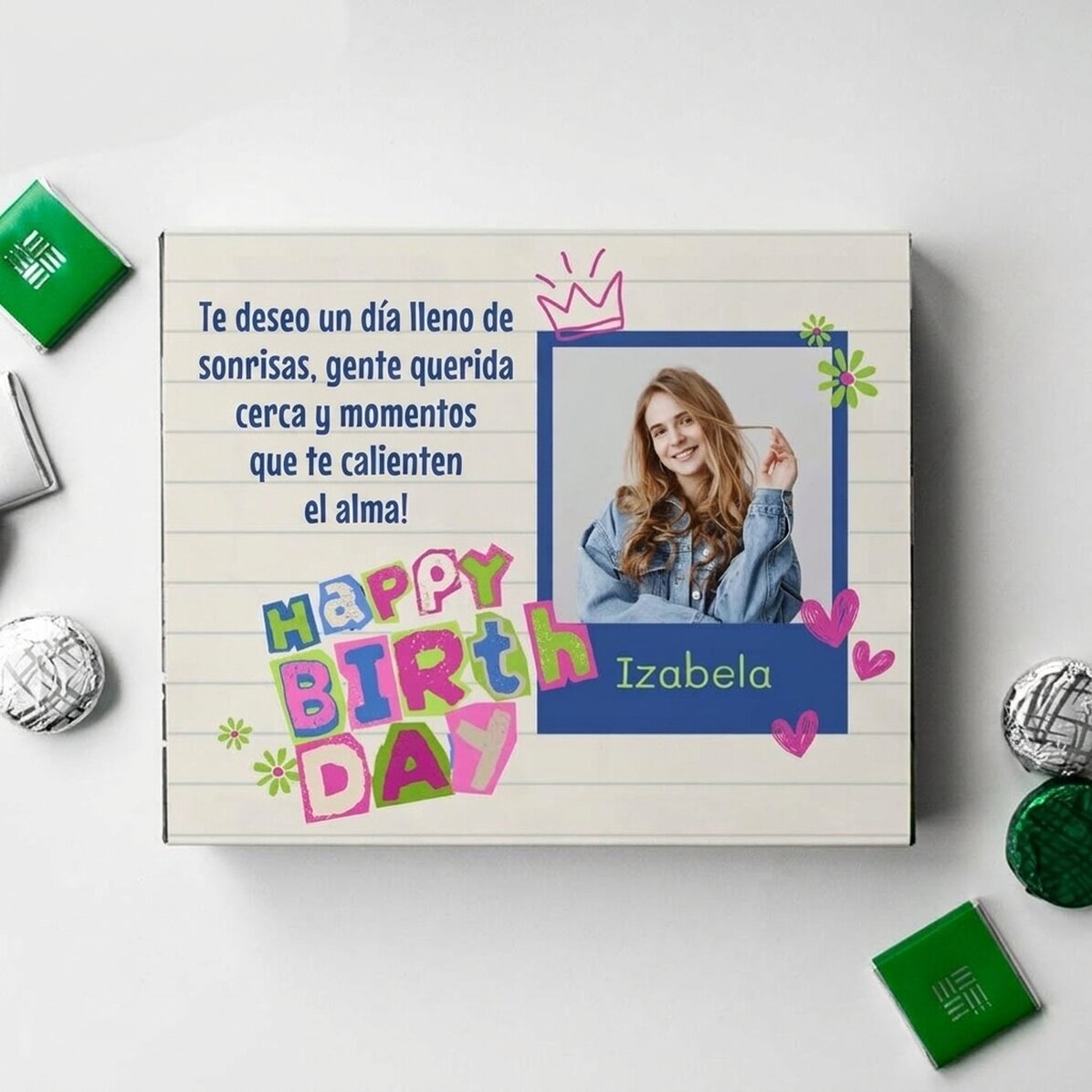 Caja de bombones personalizada con una foto y un mensaje: ¡Feliz cumpleaños!