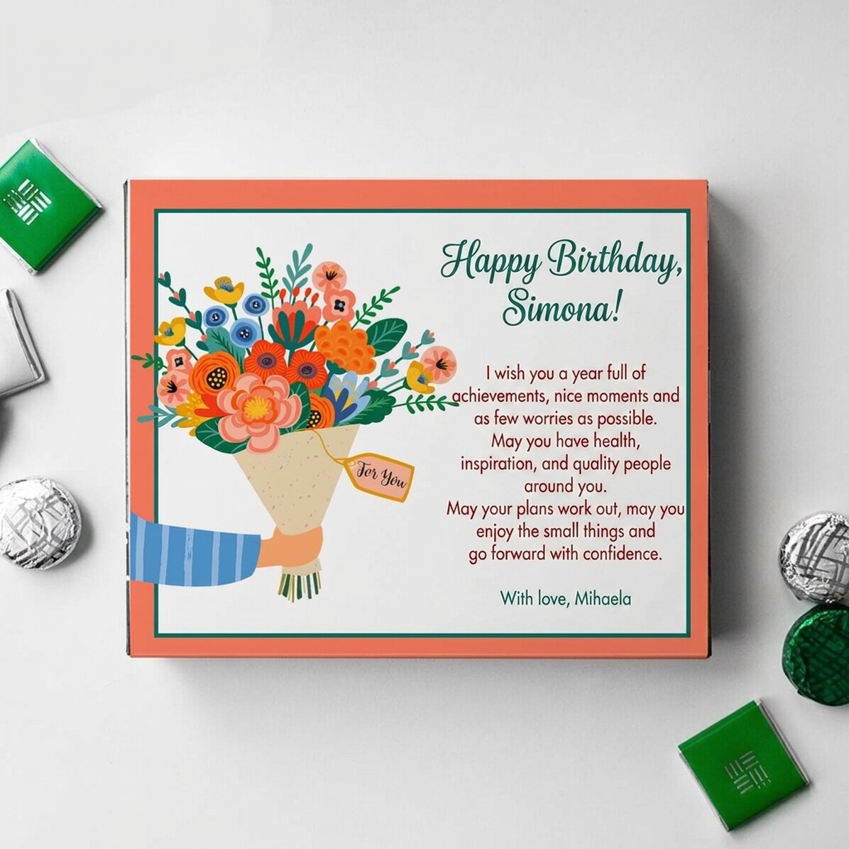 Caja de bombones personalizada con texto - Flores