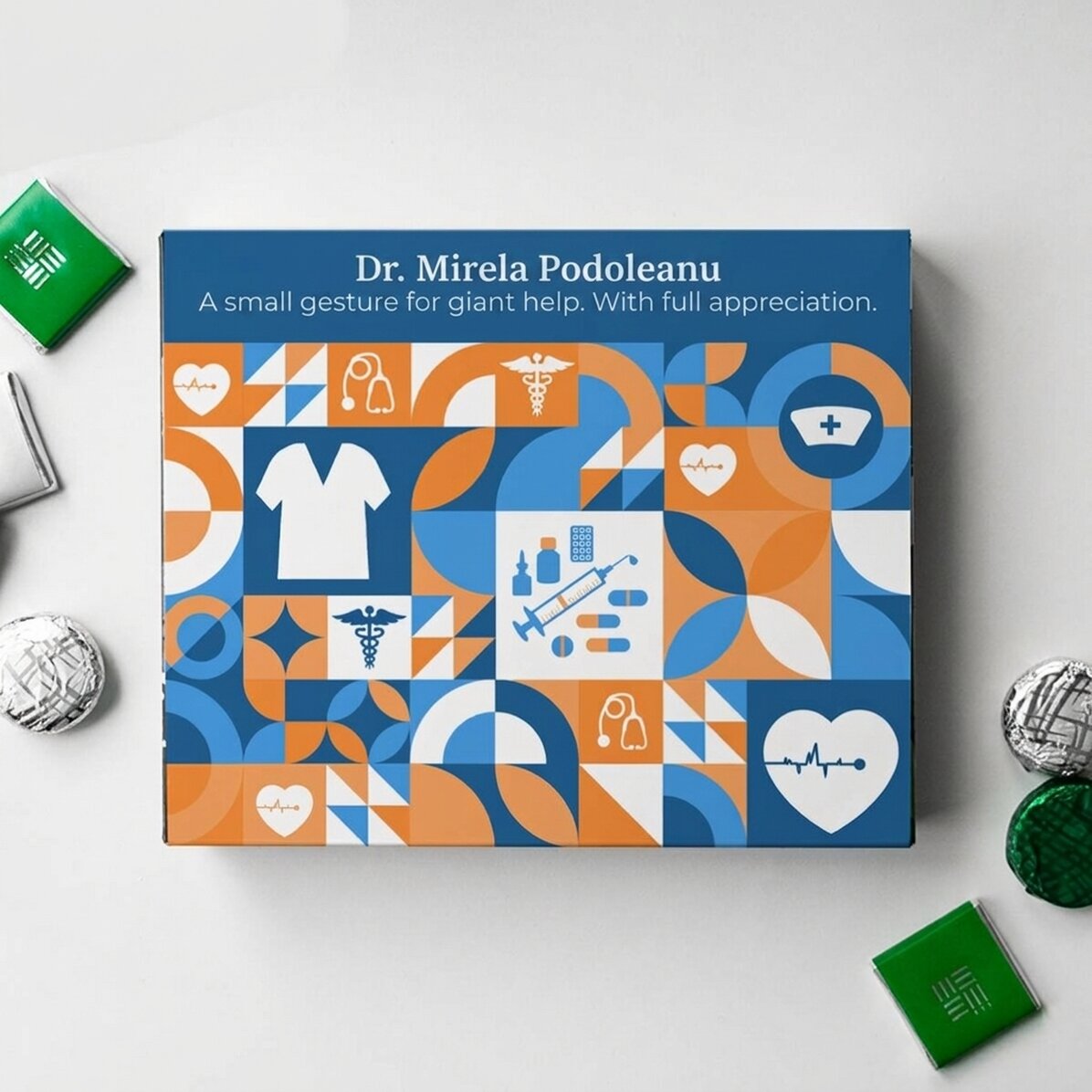 Caja de bombones personalizada con un mensaje de agradecimiento para los médicos
