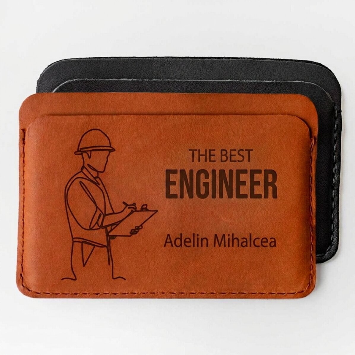 Cartera de piel personalizada con texto: «Ingeniero»
