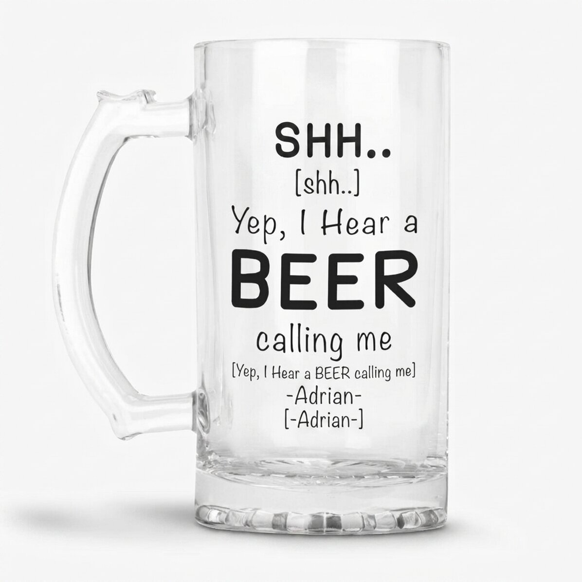 Jarra de cerveza personalizada con mensaje: «SHH... I hear a BEER»