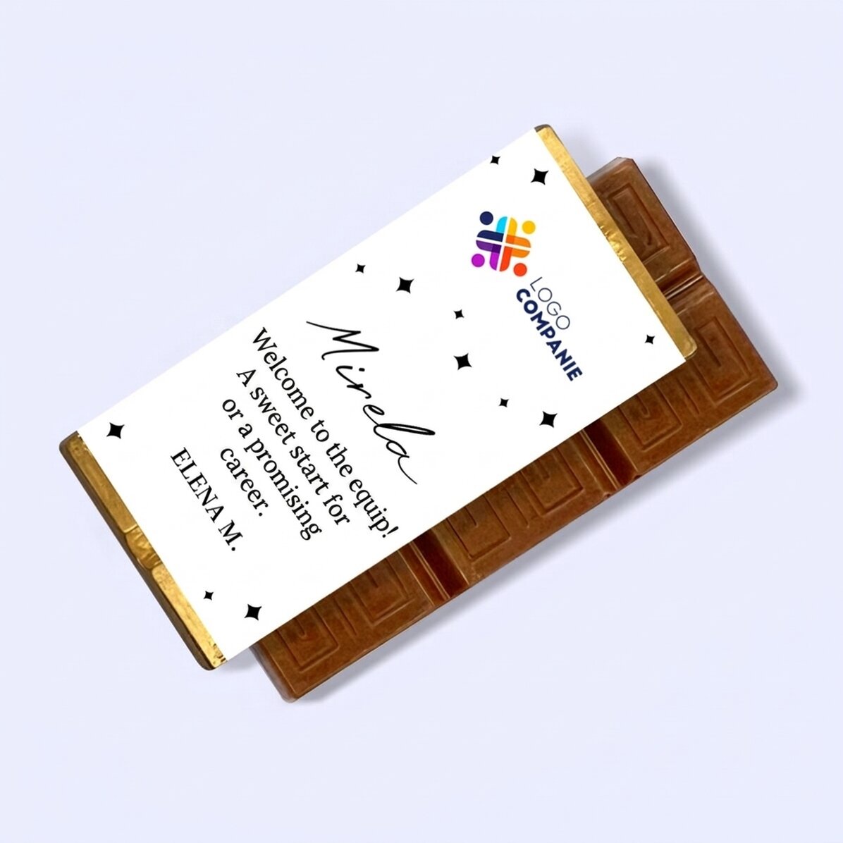 Mini tableta de chocolate personalizada con mensaje y logotipo - Bienvenido al equipo