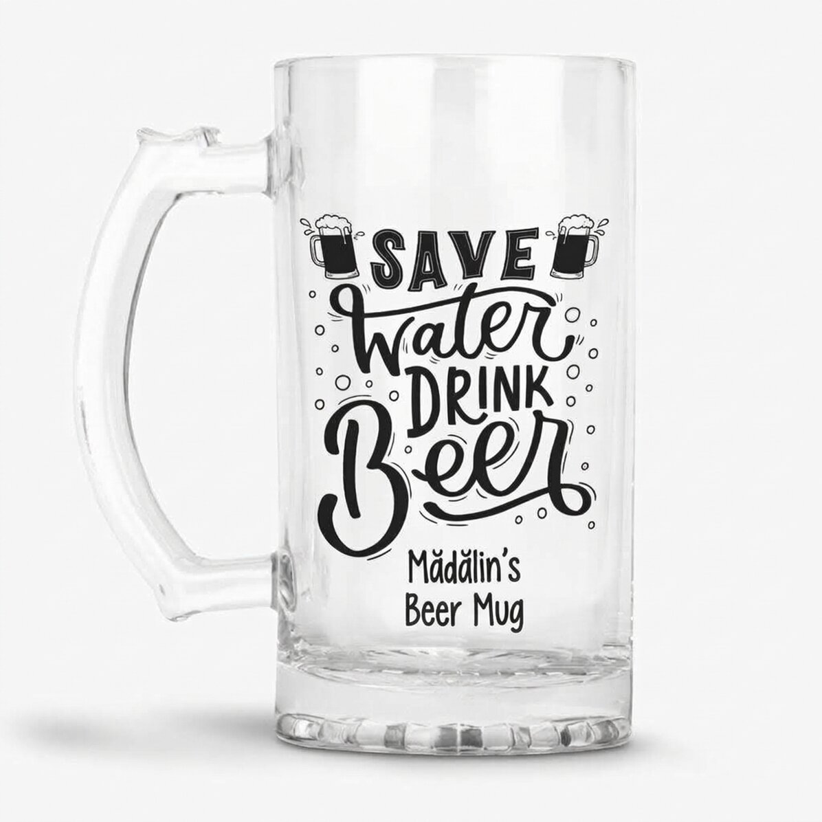 Jarra de cerveza personalizada con el mensaje «Save Water, Drink Beer»