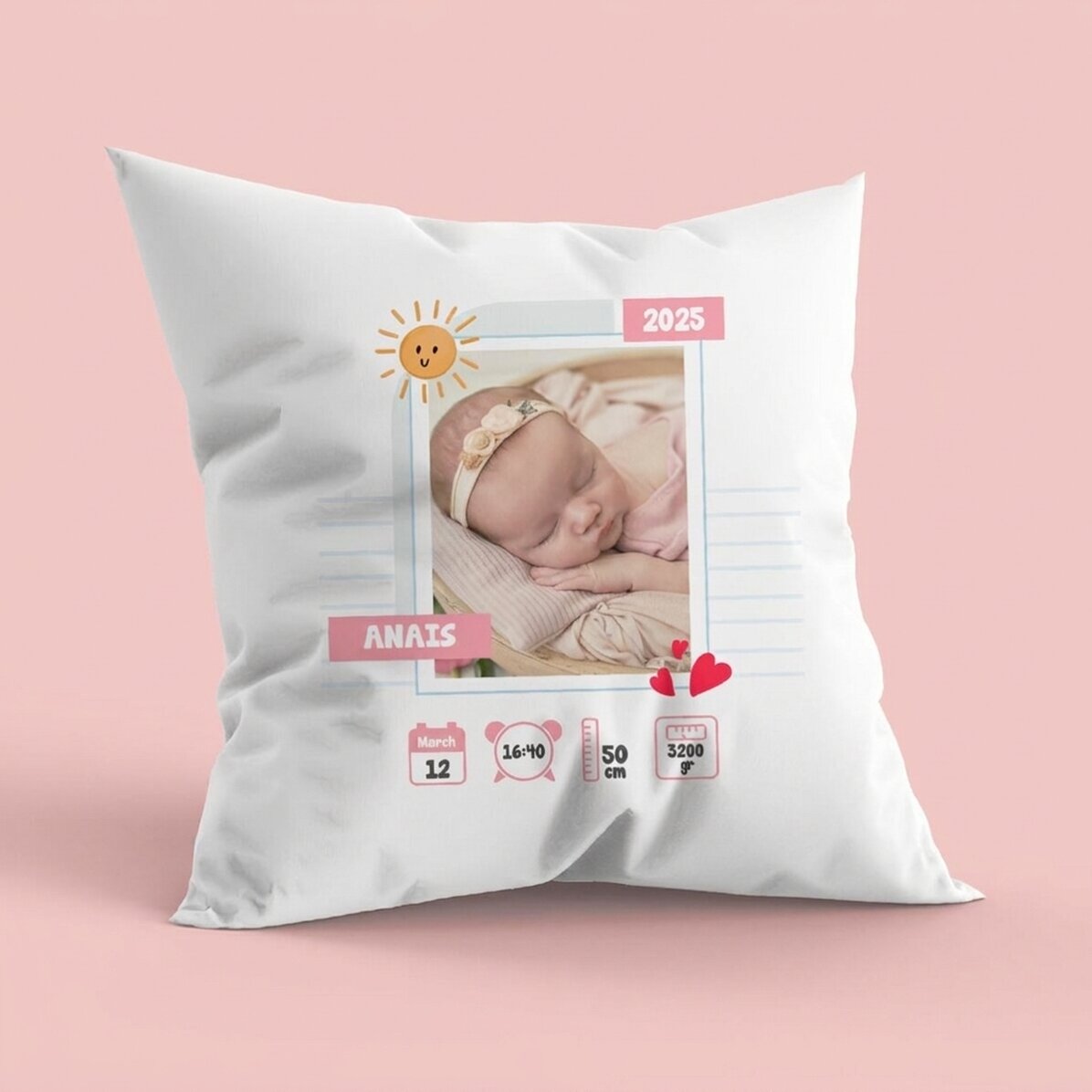 Cojín personalizado con una foto y un mensaje - Hello, Baby