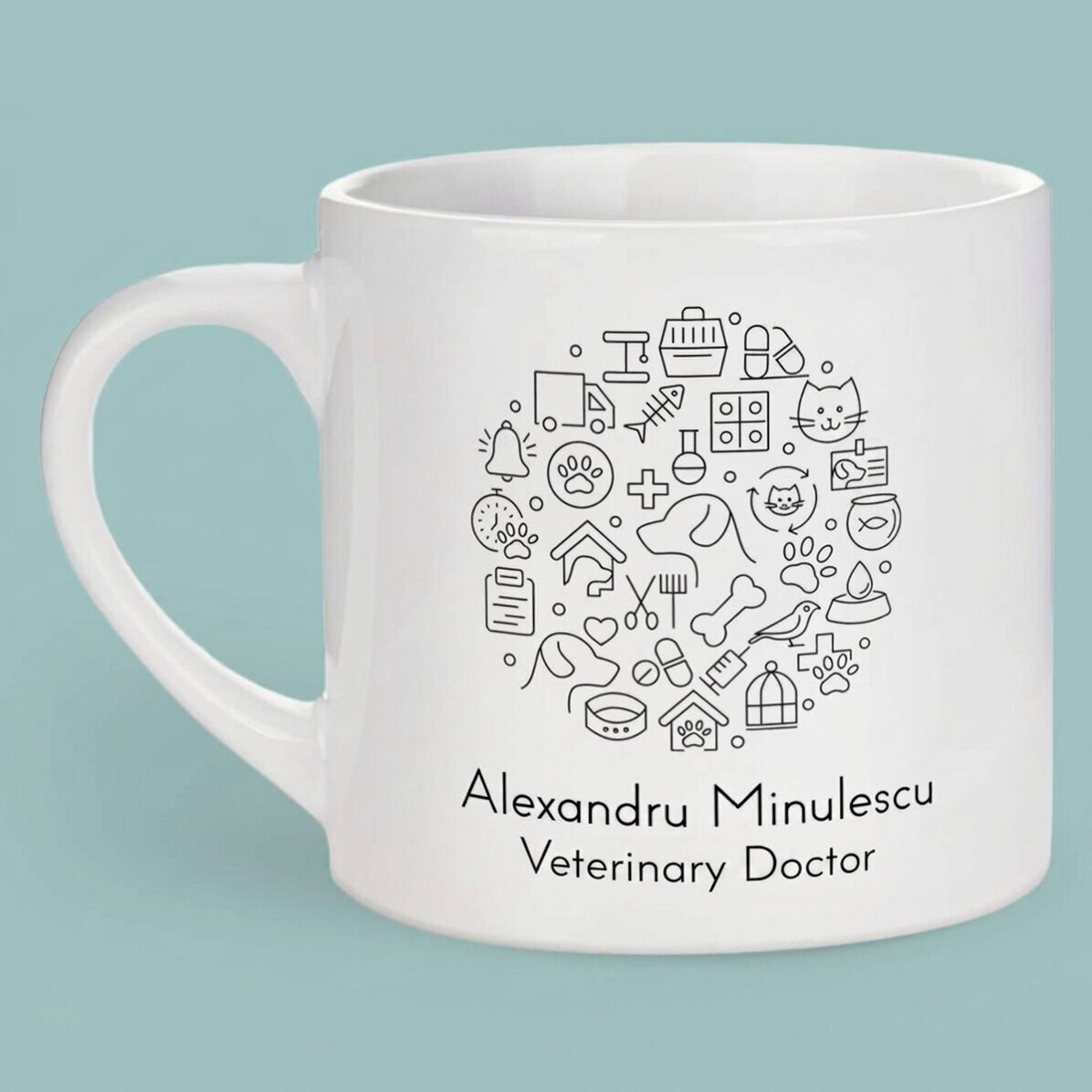 Taza de café espresso personalizada con texto para un veterinario
