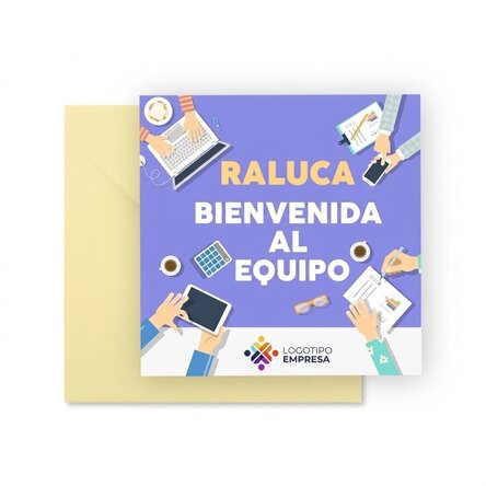 Tarjeta cuadrada personalizada con logotipo y mensaje: «Bienvenido al equipo»