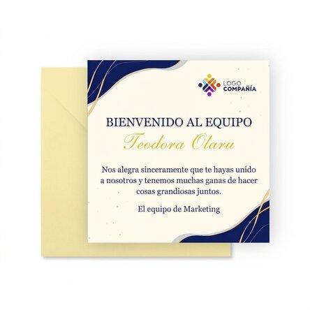Tarjeta cuadrada personalizada con logotipo y mensaje: «Bienvenido»