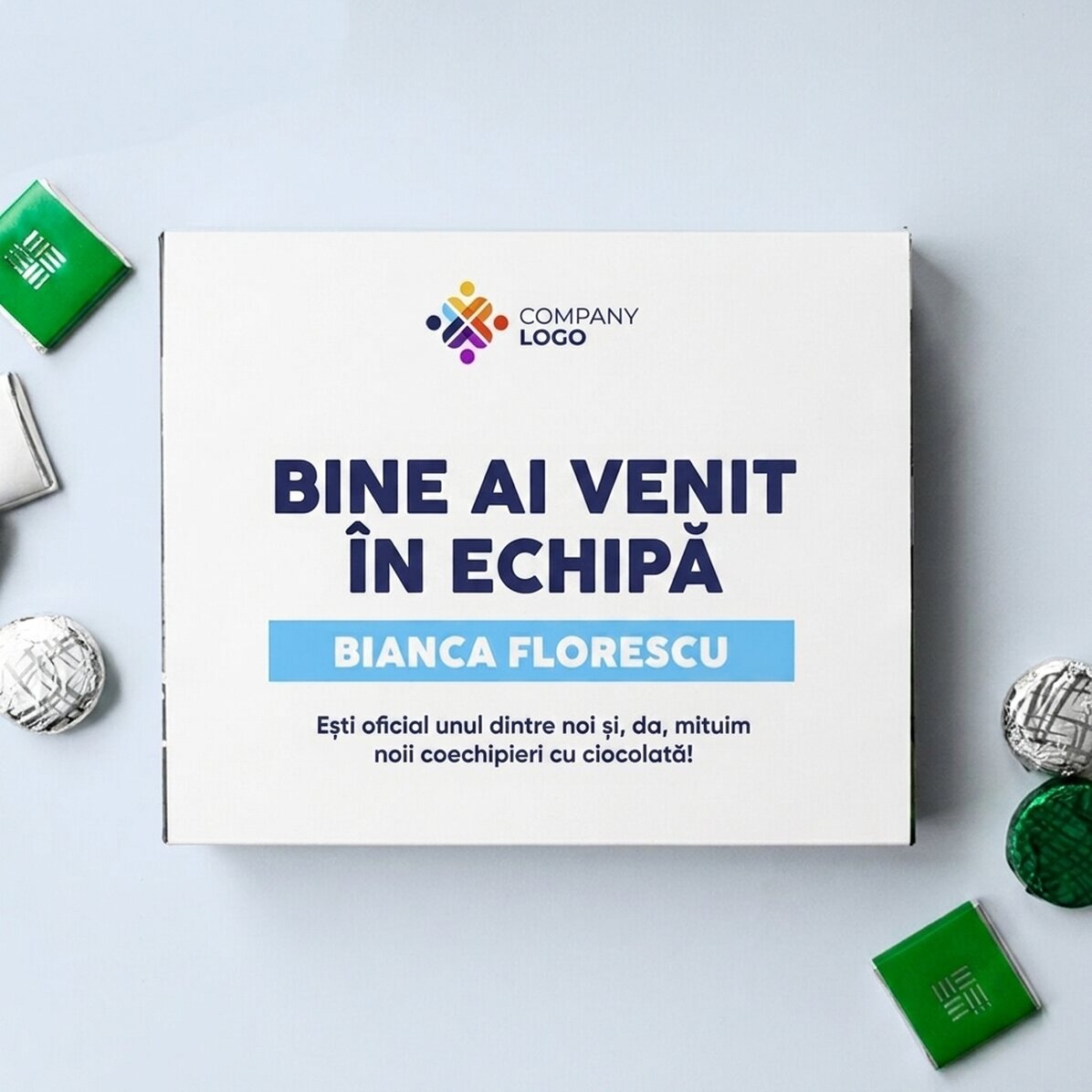 Caja de bombones personalizada con mensaje y logotipo para los empleados
