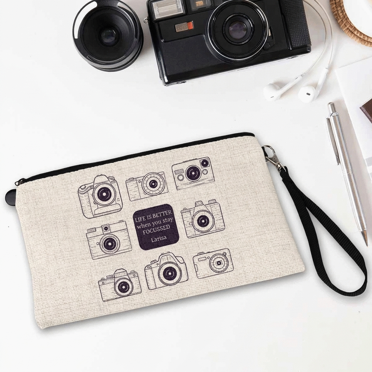 Estuche de accesorios personalizado con texto para fotógrafos