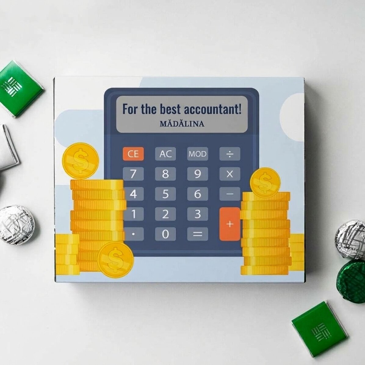 Caja de bombones personalizada con un mensaje de agradecimiento para los contables