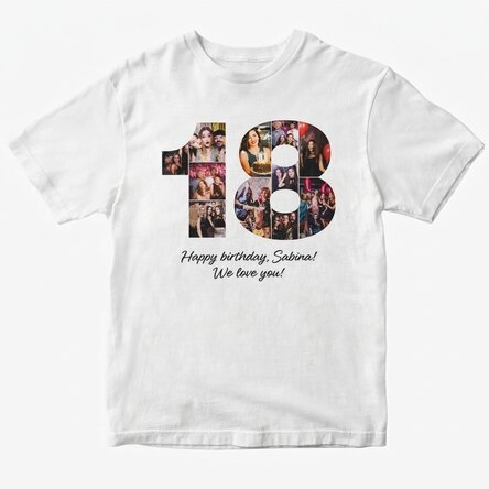 Camiseta de algodón personalizada con 11 fotos y texto para celebrar los 18 años