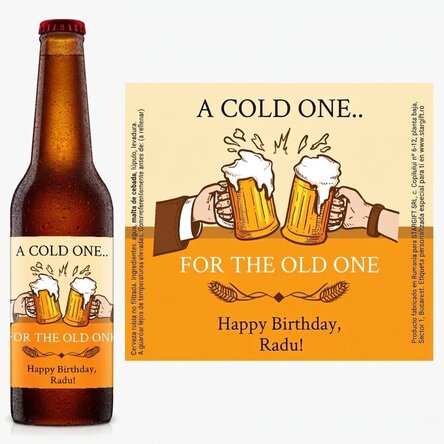 Cerveza personalizada con texto: «A Cold One... for the Old One»