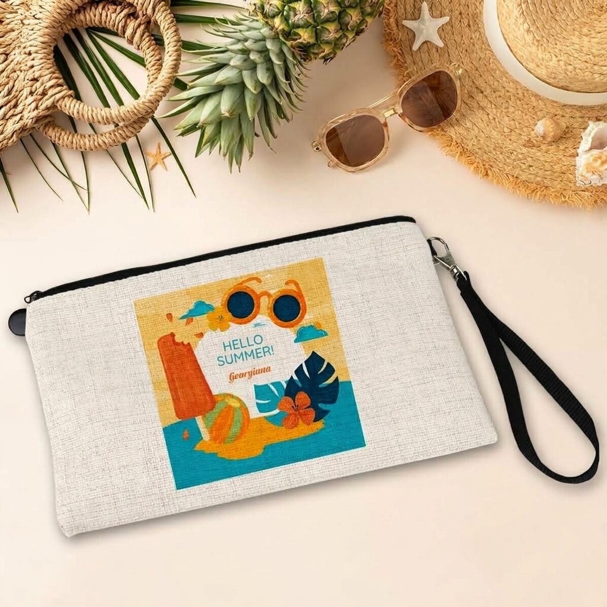 Bolsita para accesorios personalizada con el texto «Hello Summer!»