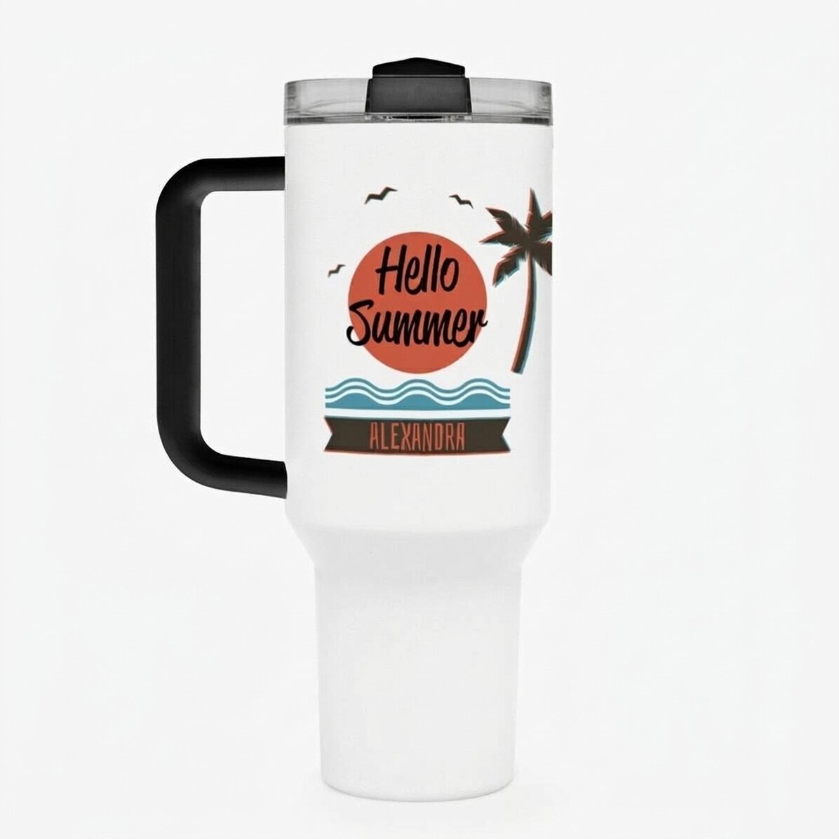 Taza térmica con asa y pajita, personalizada con texto: «Summer vibes»