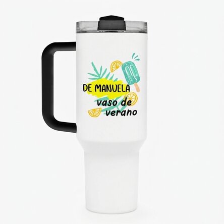 Taza termo con asa y pajita personalizada con texto - Helado